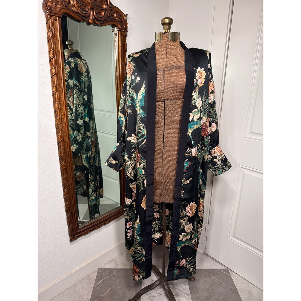 Vintage Style Black Floral Bird Print Satin Duster Robe Long Open Front Kimono